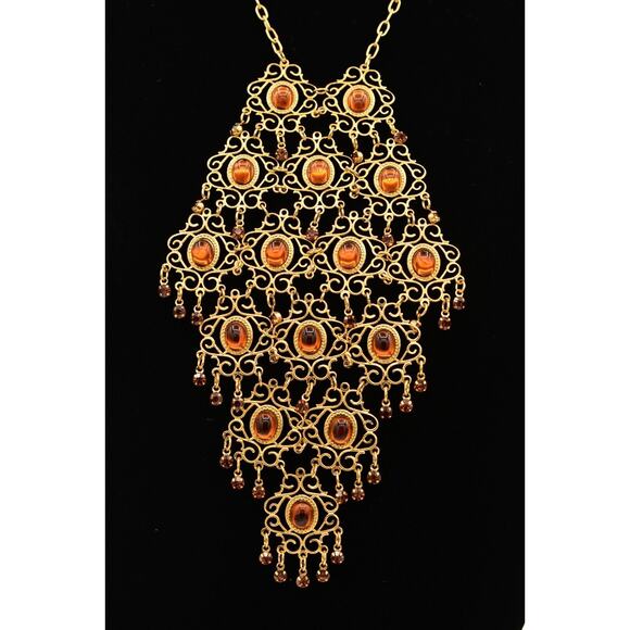 Vintage Cabochon Collar Bib Necklace Amber Dangle Retro Mid Century 60s Bin3C - Picture 3 of 12